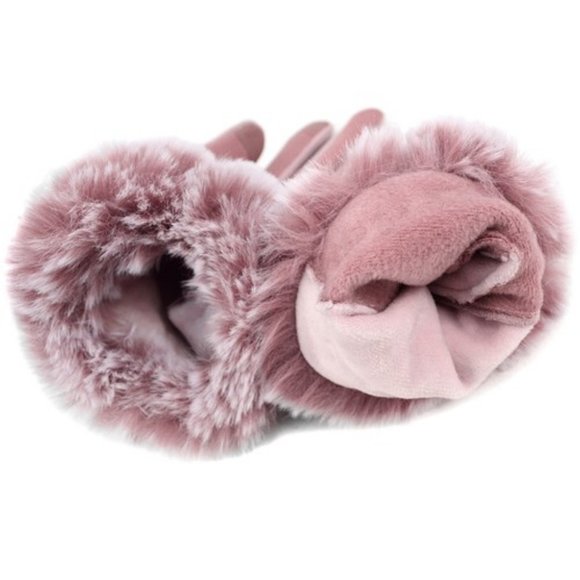 Pink Women's Faux Fur Trim Touch Screen Gloves - Picture 3 of 3